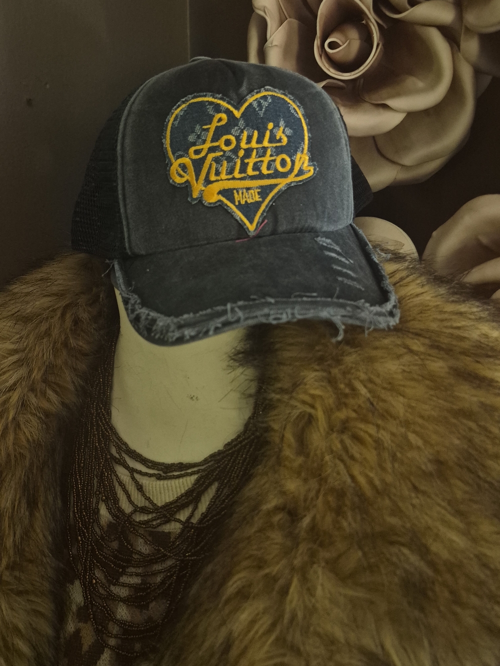 Blue Distressed Heart Logo Baseball Cap with Yellow Patch